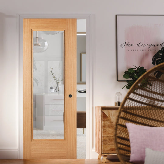 Eindhoven Oak Clear Glazed Pocket Door Set