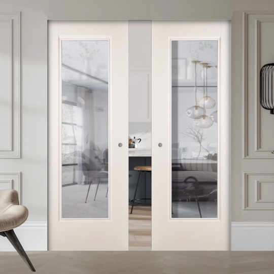Eindhoven White Clear Glazed Double Flush Pocket Door Set