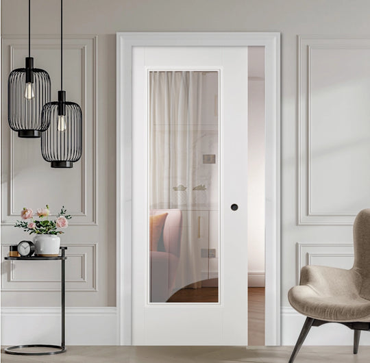 Eindhoven 1L White Primed Glazed Pocket Door Set