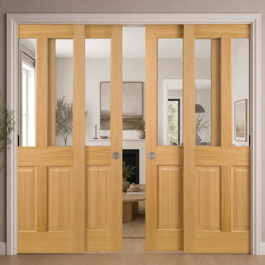 Elegance Oak Richmond Clear Glazed Fully Finished 4 Door Telescopic Pocket Door System