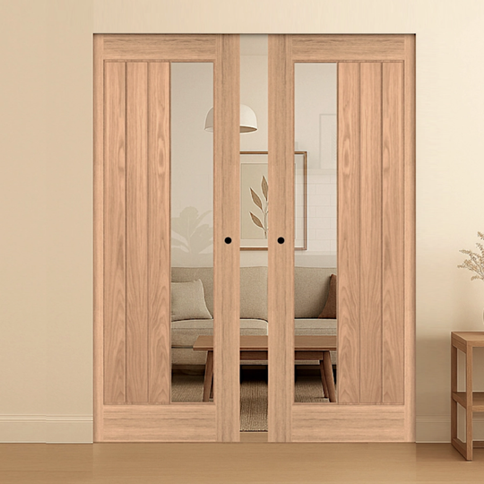Ely 1SL Oak Clear Glazed Double Flush Pocket Door Set