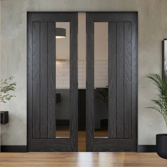 Ely Brushed Black Oak Clear Glazed Double Flush Pocket Door Set