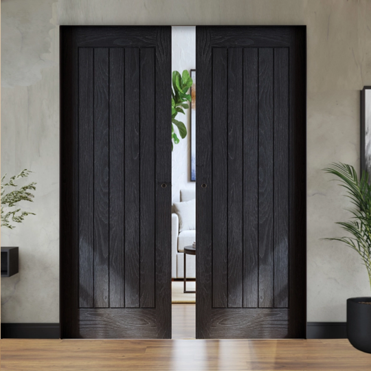 Ely Brushed Black Oak Double Flush Pocket Door Set