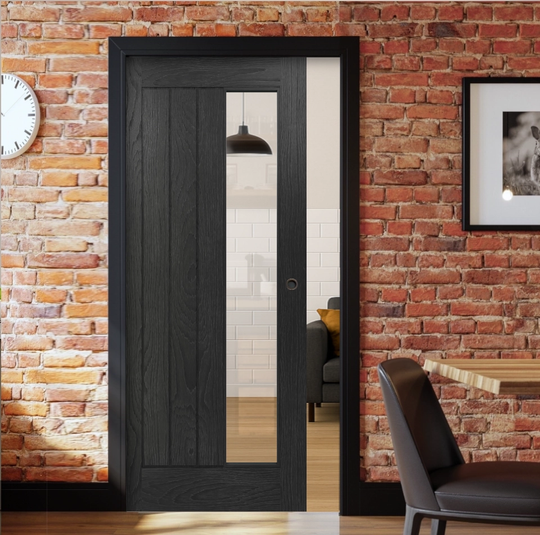 Ely Brushed Black Oak Clear Glazed Pocket Door Set