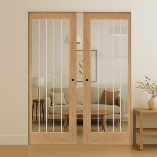 Ely Oak Glazed 1L Fully Finished Double Flush Pocket Door Set