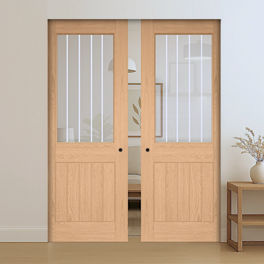 Ely Oak Glazed 1P Fully Finished Double Flush Pocket Door Set