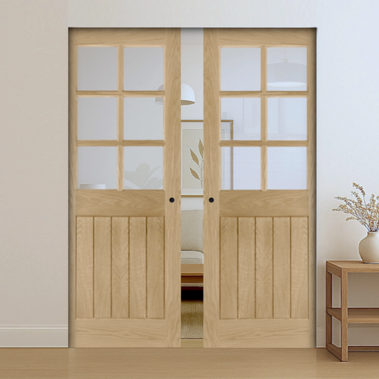 Ely Oak 6L Clear Glazed Fully Finished Double Flush Pocket Door Set
