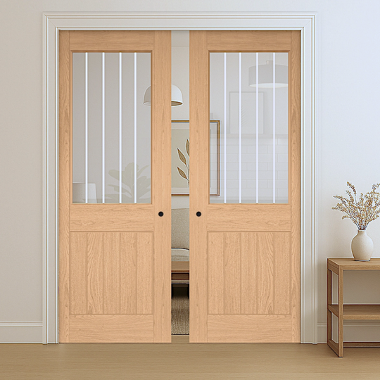 Ely Glazed Oak 1P Fully Finished Double Pocket Door Set