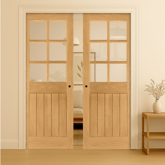 Ely Oak 6L Clear Glazed Double Pocket Door Set