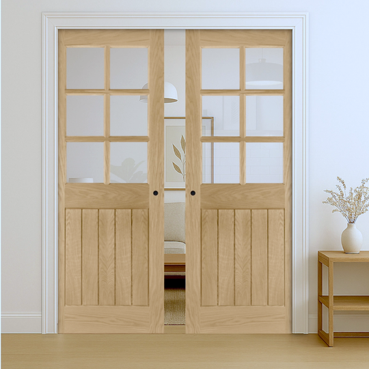 Ely Oak 6L Clear Glazed Double Pocket Door Set