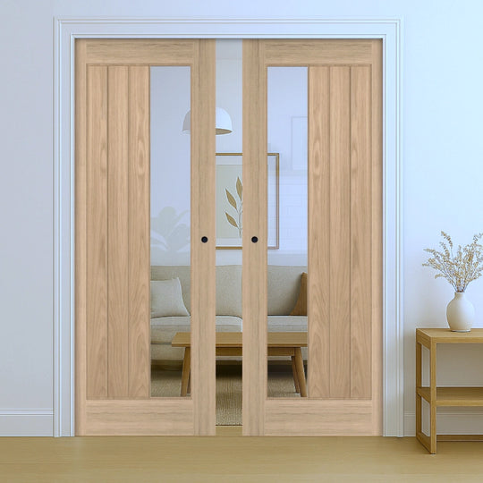 Ely 1SL Glazed Oak Double Pocket Door Set
