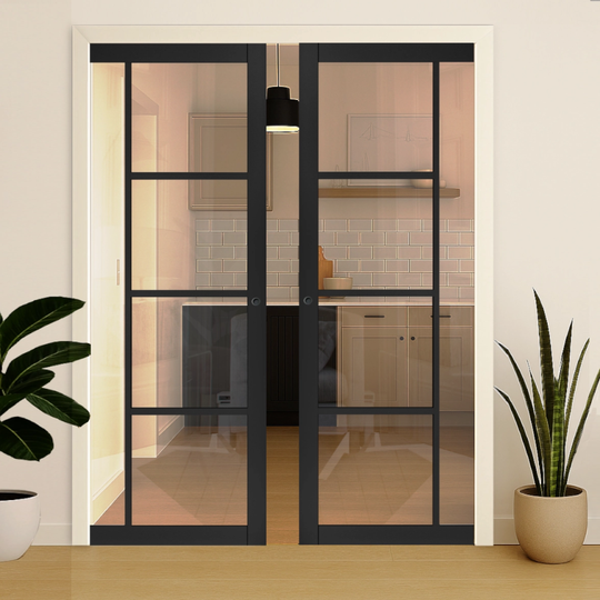 Black Enova Clear Glazed Double Pocket Door Set