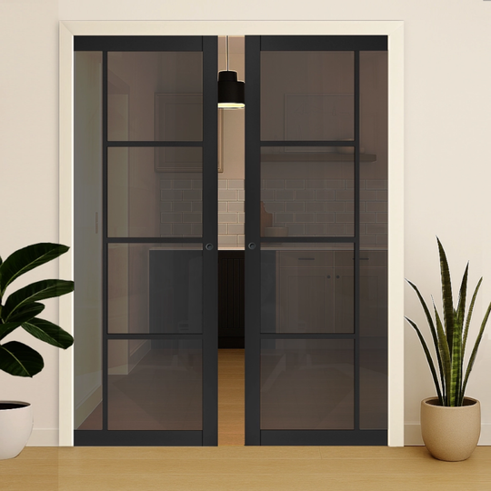 Black Enova Tinted Glazed Double Pocket Door Set