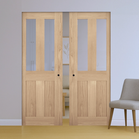 Eton Oak Clear Glazed Double Flush Pocket Door Set