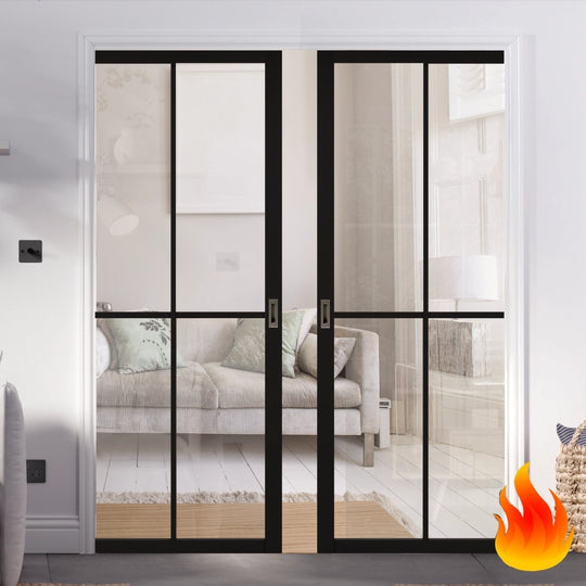 Industrial Style Extra Slim Cross Bar Fire Rated Double Pocket Door System