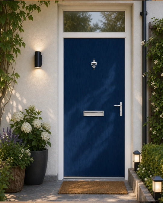 Blue Modern Flush External Fire Door Set with Fanlight