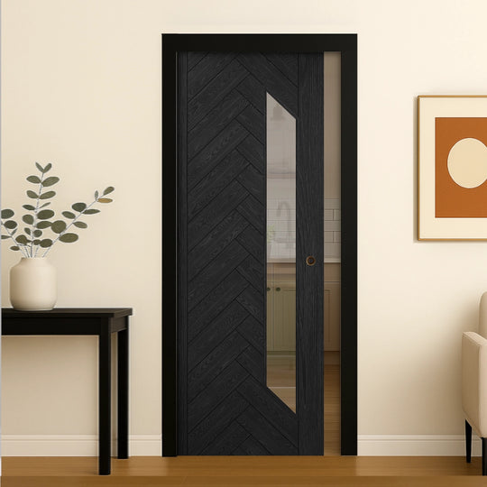 Fontaine Brushed Black Oak Glazed Pocket Door Set