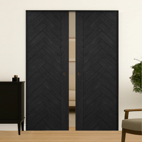 Fontaine Brushed Black Oak Double Flush Pocket Door Set