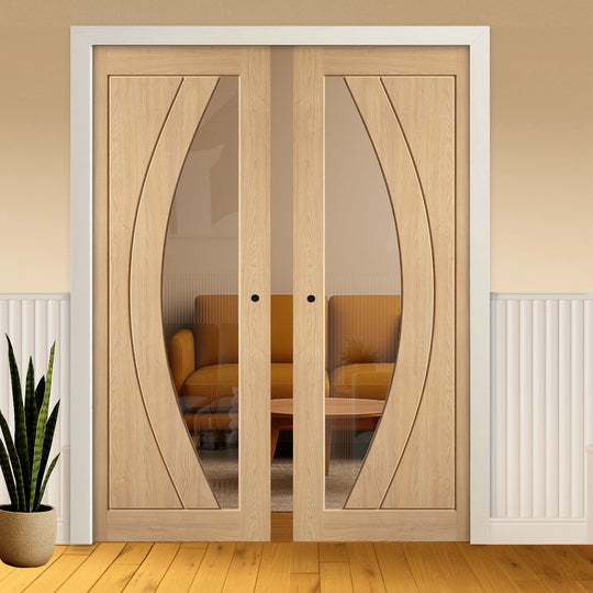 Girona Unfinished Oak Clear Glazed Double Pocket Door System