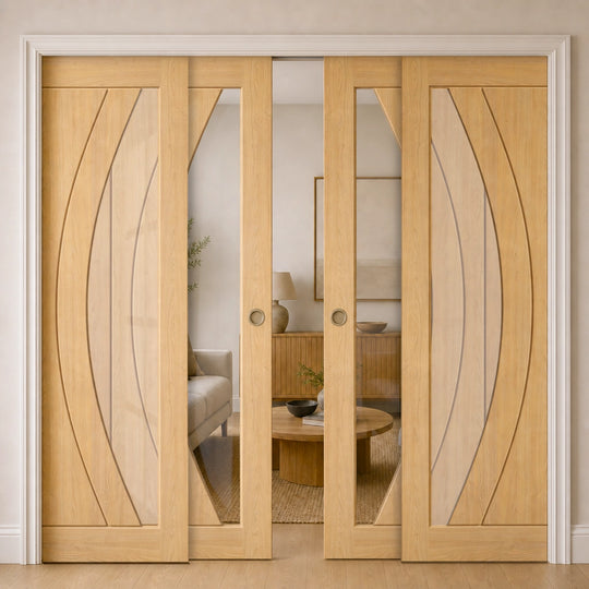 Girona Oak Clear Glazed Fully Finished 4 Door Telescopic Pocket Door System
