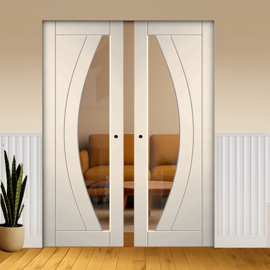Girona White Clear Glazed Double Flush Pocket Door Set