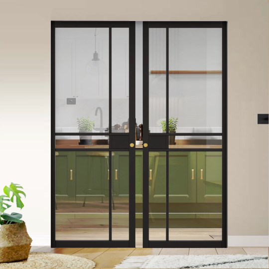 Greenwich Black Clear Glazed Flush Double Pocket Door Set