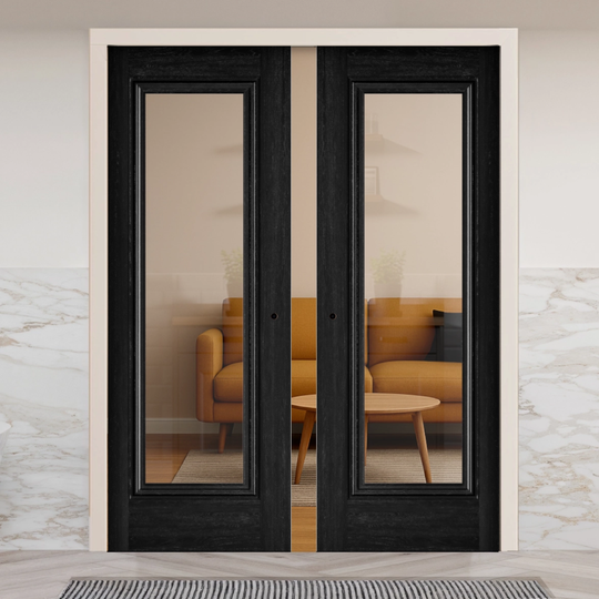 Haddon Black Laminate Clear Glazed Double Pocket Door Set