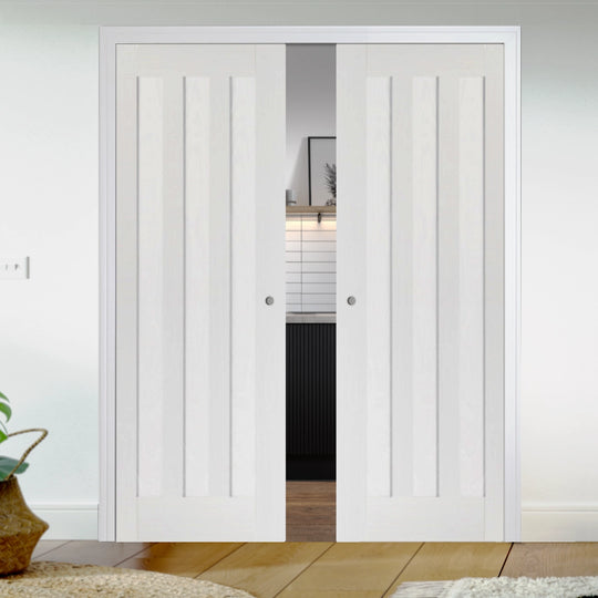 Idaho 3 Panel White Double Pocket Door Set