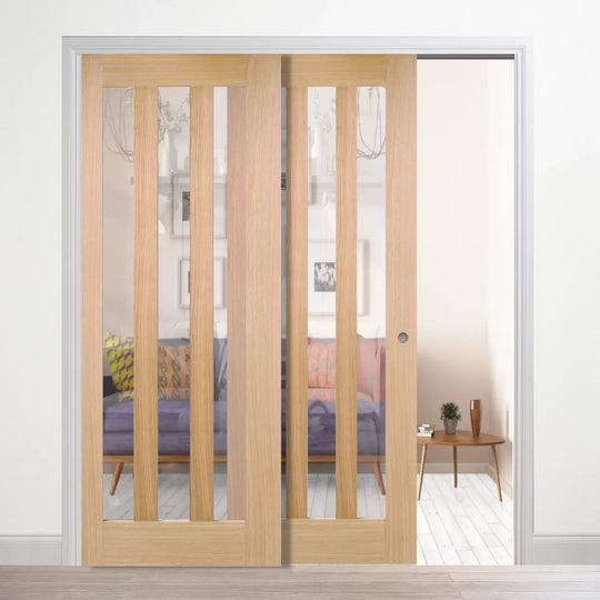 Utah Oak Clear Glazed Telescopic Pocket Door System