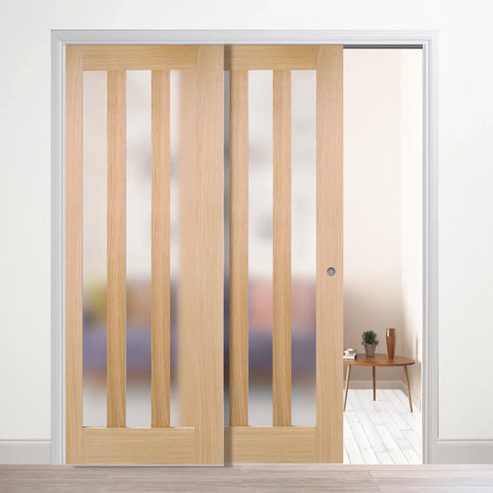 Utah Oak Obscure Glazed Telescopic Pocket Door System