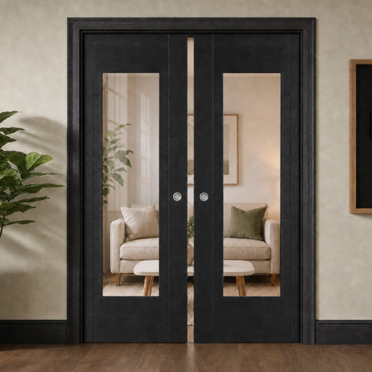 Iseo Black Oak Clear Glazed Double Pocket Door Set