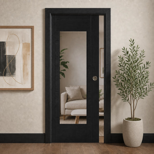 Iseo Black Oak Clear Glazed Pocket Door Set