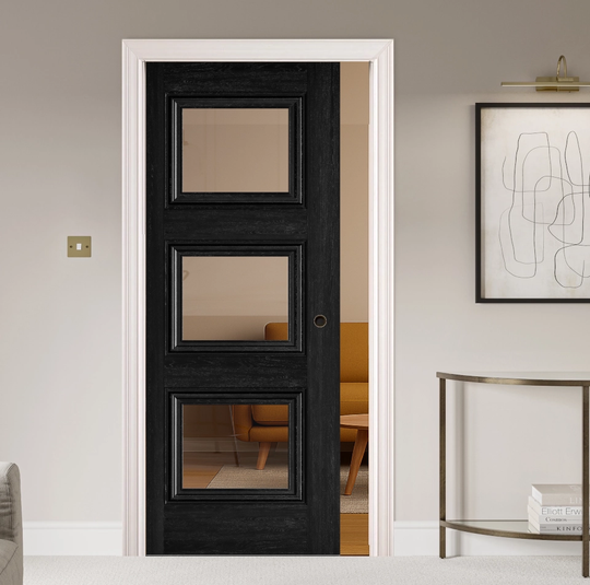 Kedleston Black Clear Glazed Laminate Pocket Door Set