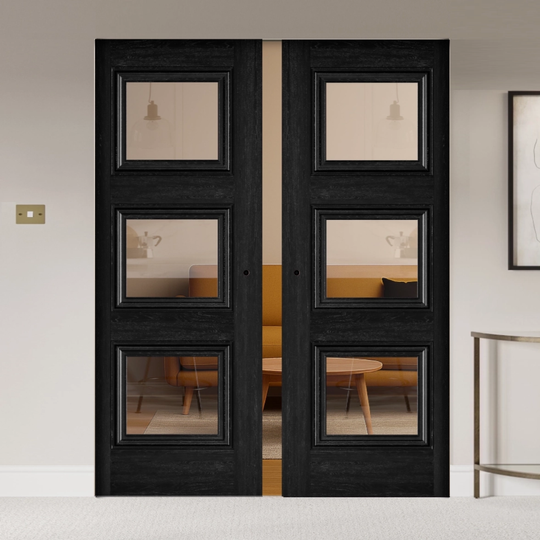 Kedleston Black Clear Glazed Double Flush Pocket Door Set