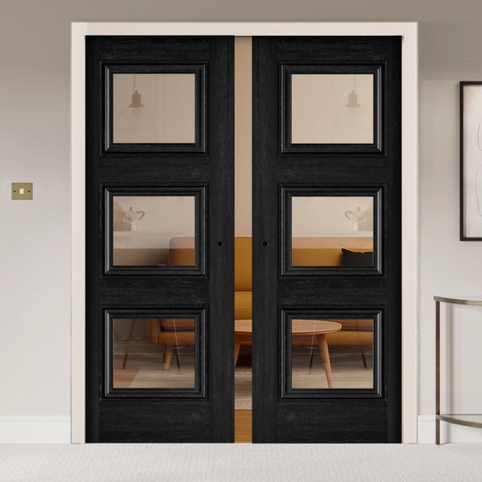 Kedleston Black Laminate Clear Glazed Double Pocket Door Set