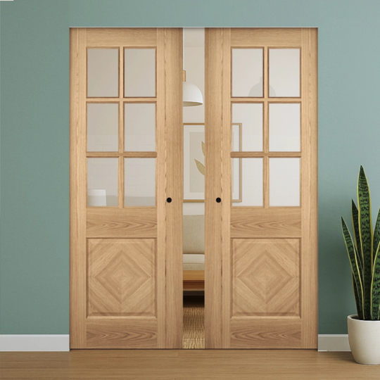 Kensington Oak Clear Glazed Double Flush Pocket Door Set Fully Finished