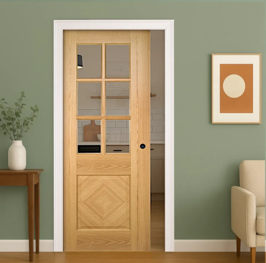 Kensington Oak Clear Glazed Pocket Door Set Fully Finished