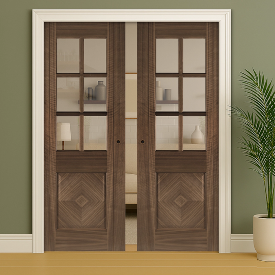 Kensington Walnut Clear Glazed Double Pocket Door Set