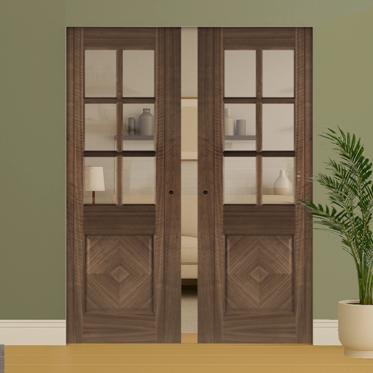 Kensington Walnut Clear Glazed Double Flush Pocket Door Set