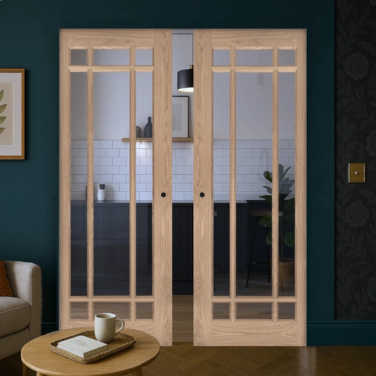 Kerry Oak Clear Glazed Double Flush Pocket Door Set