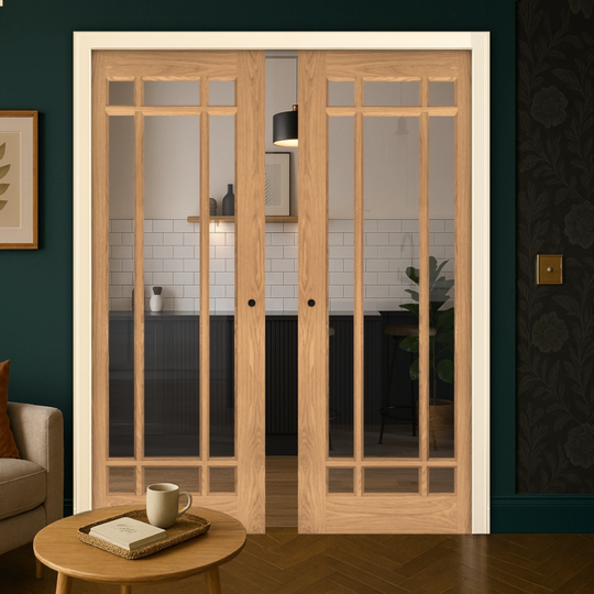 Kerry Oak Clear Glazed Double Pocket Door Set