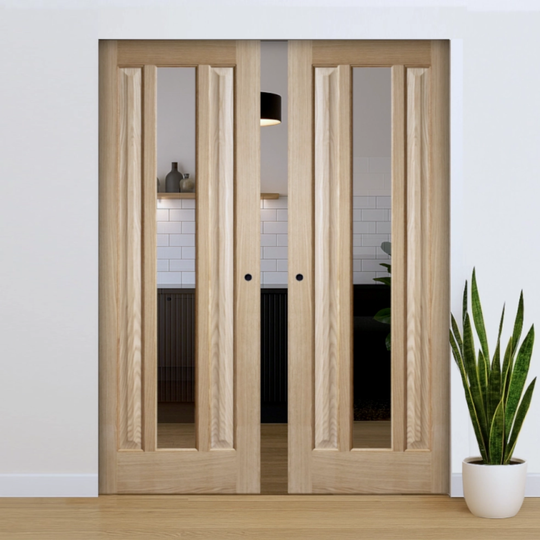 Kilburn Oak Clear Glazed Double Flush Pocket Door Set