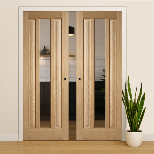 Kilburn Oak Clear Glazed Double Pocket Door Set