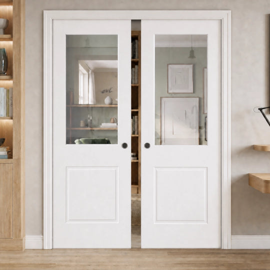 White Laminate 1 Panel 1 Light Clear Glazed Double Pocket Door Set