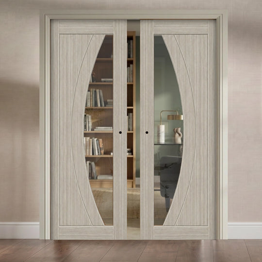 Sorrento Light Grey Clear Glazed Laminate Double Pocket Door Set
