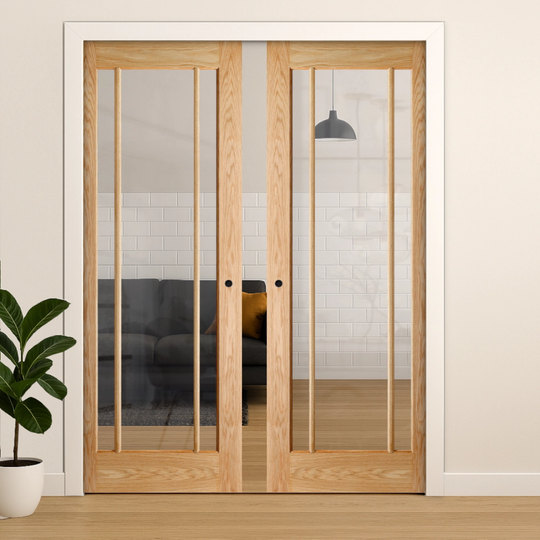 Lincoln Oak Clear Glazed Double Pocket Door Set