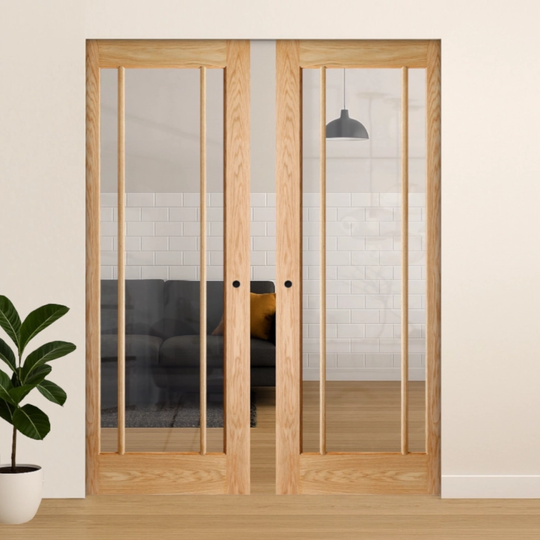 Lincoln Oak Clear Glazed Double Flush Pocket Door Set