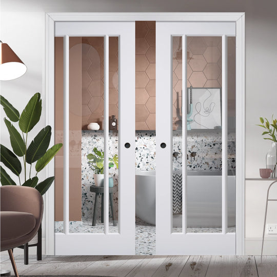 Lincoln 3L White Clear Glazed Double Pocket Door Set