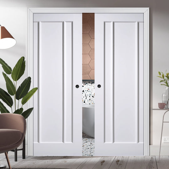 Lincoln 3 Panel White Double Pocket Door Set