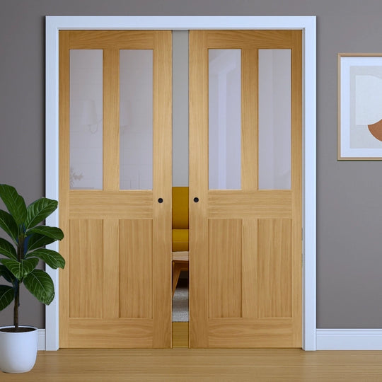 London Oak Clear Glazed Fully Finished Double Pocket Door Set
